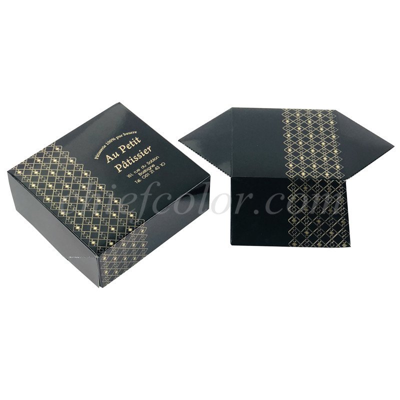 Custom Printed Black Pastry Box Gold Hotfoil Print Bakery packaging